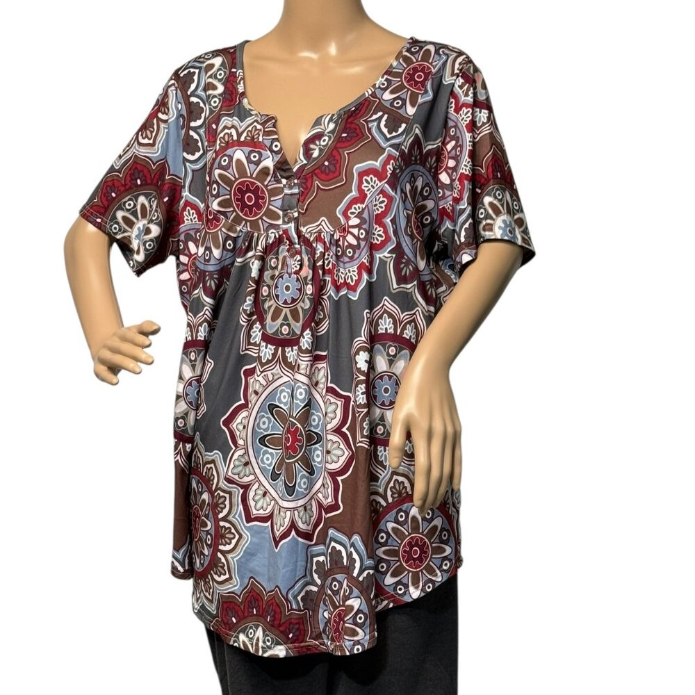 Halife Womens Plus Size 3XL Short Sleeve V Neck Paisley Henley